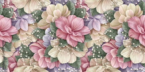 Luxury wallpaper, floral background, seamless pattern. Delicate romantic flowers, hydrangea, pink, beige, purple, white gypsophila, green leaves. Watercolor 3d illustration, texture. Good cloth, paper photo