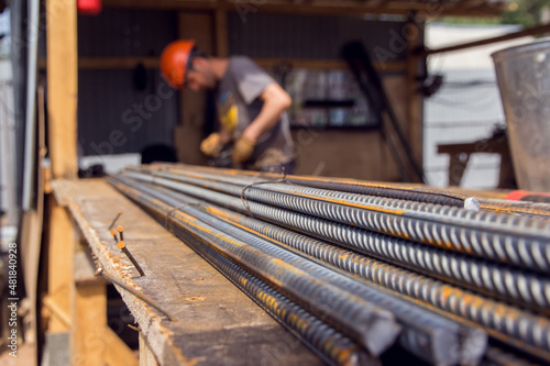 Assembly of reinforcing bars for pouring concrete. Steel rebar for reinforcement concrete at construction site.