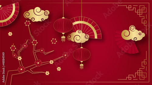 Red and gold happy chinese new year festival banner background design. Chinese china red and gold background with lantern  flower  tree  symbol  and pattern. Red and gold papercut chinese template