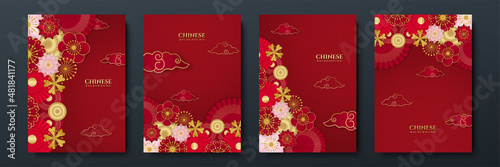 Red and gold happy chinese new year festival banner background design. Chinese china red and gold background with lantern, flower, tree, symbol, and pattern. Red and gold papercut chinese template