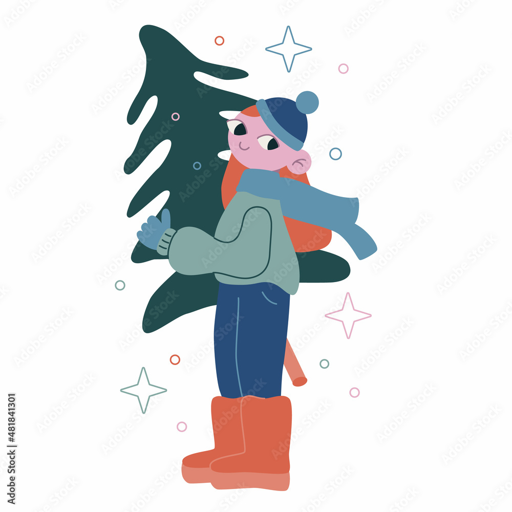 Vector flat cartoon illustration. New Year, Christmas tree and girl.