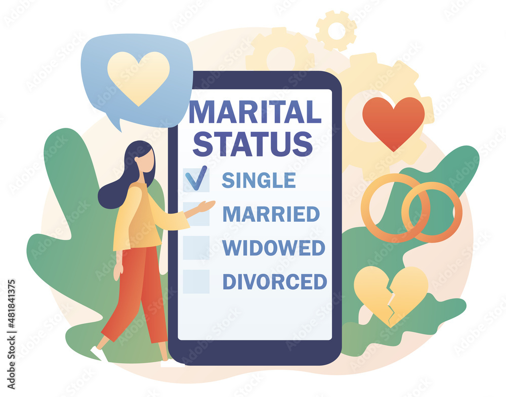 Marital status. Checkbox list with single, married, widowed and divorced options for tiny people in smartphone app. Legal status change. Relationship concept. Modern flat cartoon style. Vector 