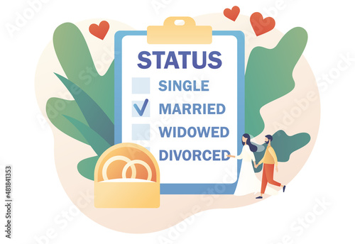 Marital status of couple. Legal status change. Checkbox list with single, married, widowed and divorced options for tiny people. Wedding concept. Modern flat cartoon style. Vector illustration