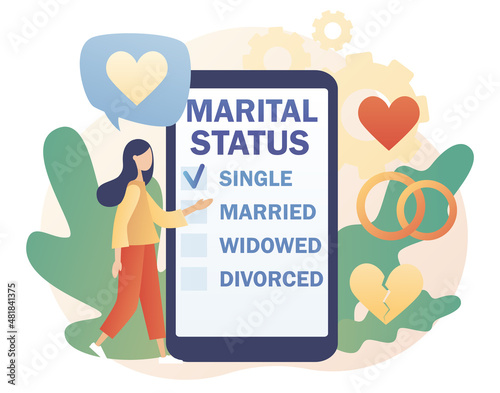 Marital status. Checkbox list with single, married, widowed and divorced options for tiny people in smartphone app. Legal status change. Relationship concept. Modern flat cartoon style. Vector 