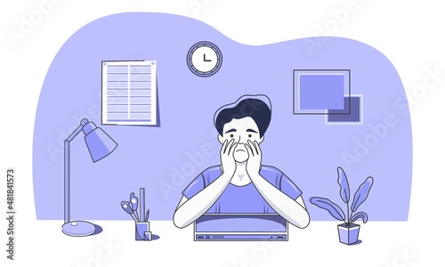 Sedentary work. Physical fatigue. A person covers his face with his hands. Headaches. Computer addiction. Tension. Body massage. Vector. The fashionable color purple. Trend. Cartoon