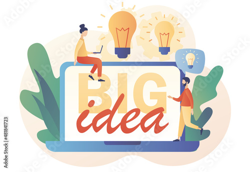 Big idea. Tiny people inspiration developing new business ideas online. Light bulb. Innovative lamp. Thinking and brainstorm. Modern flat cartoon style. Vector illustration on white background