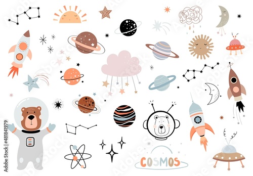 Space elements collection for kids, nursery room, planets, moon, constellation, rocket, doodle style