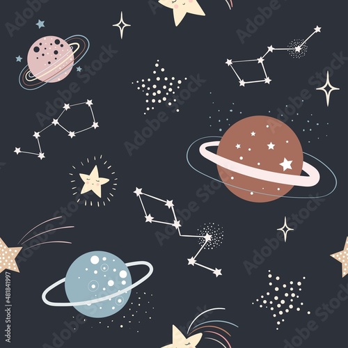 Space seamless pattern for kids, children.Wallpaper nursery room, background for gift paper, doodle style
