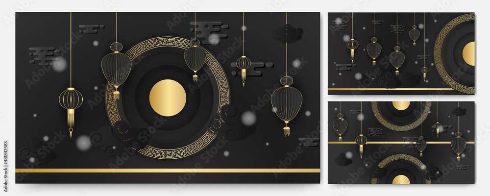 Modern 3d black gold chinese china background with lantern, lamp, border, frame, pattern, symbol, cloud, rigid fixed fan and flower.