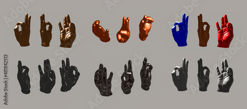 set of 3d hand model with differnet texutes and rendered from different angles for vfx, animation movie and video games