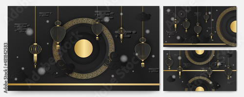 Modern 3d black gold chinese china background with lantern, lamp, border, frame, pattern, symbol, cloud, rigid fixed fan and flower.