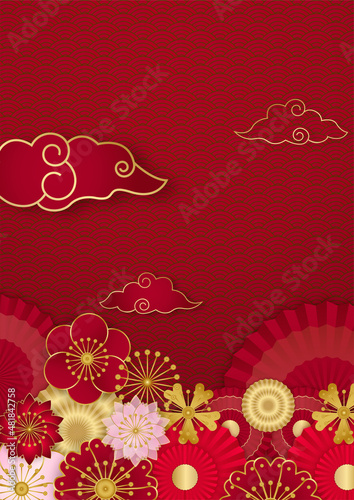 Red and gold happy chinese new year festival banner background design. Chinese china red and gold background with lantern, flower, tree, symbol, and pattern. Red and gold papercut chinese template