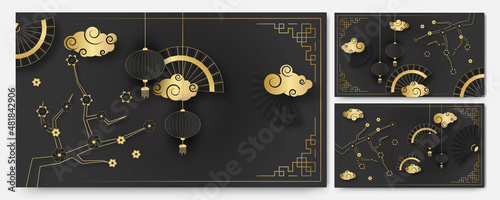 Modern 3d black gold chinese china background with lantern, lamp, border, frame, pattern, symbol, cloud, rigid fixed fan and flower.