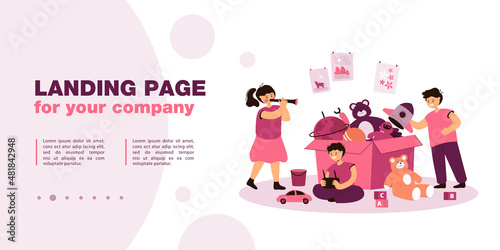 Happy children playing near box full of toys. Flat vector illustration. Friends having fun, girl playing pipe, boys with radio-controlled toy car, space rocket. Playtime, preschool, childhood concept