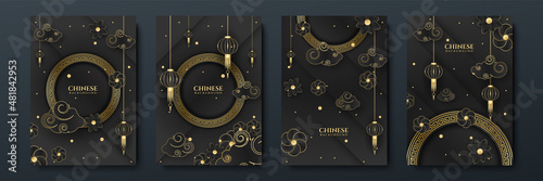 Modern 3d black gold chinese china background with lantern, lamp, border, frame, pattern, symbol, cloud, rigid fixed fan and flower.
