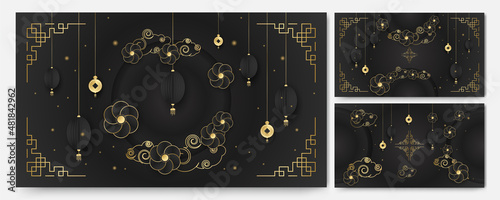 Fotografering Modern 3d black gold chinese china background with lantern, lamp, border, frame, pattern, symbol, cloud, rigid fixed fan and flower