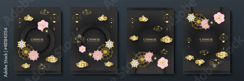 Modern 3d black gold chinese china background with lantern, lamp, border, frame, pattern, symbol, cloud, rigid fixed fan and flower.