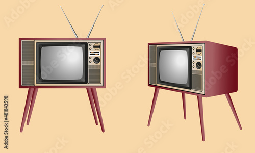 realistic old style tv with antenna in two perspective