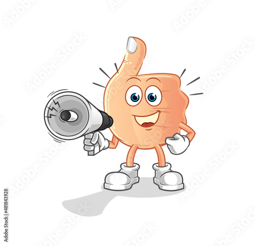 thumbs up holding hand loudspeakers vector. cartoon character