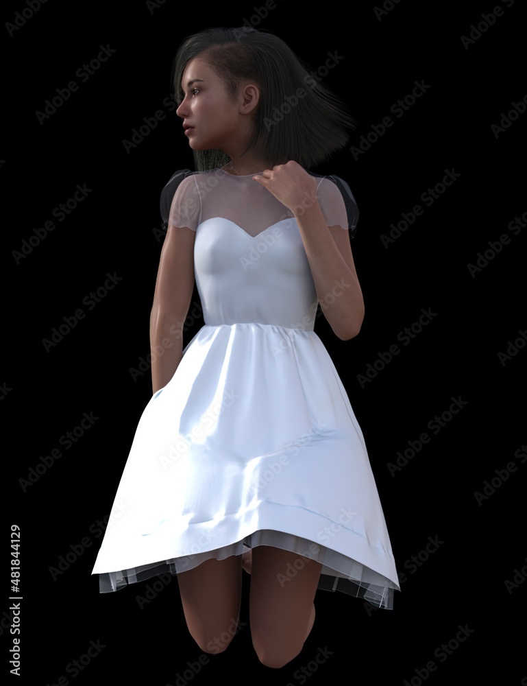 Naklejka premium beautiful woman in a white dress poses on a dark background