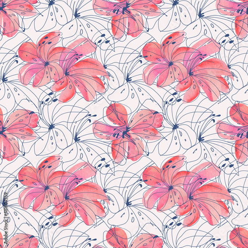 Watercolor hand painted seamless pattern with blossom lilies. Botanical background. Print for wrapping paper, wallpaper, textile, decorations.