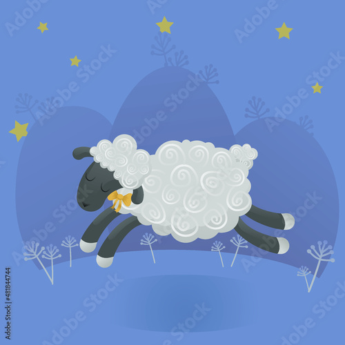 A cute curly sheep runs through the meadow at night. Starry sky. Count before bed.