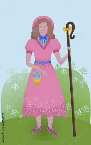 Shepherdess in a pink dress with a shepherd's crook in the meadow. Curly girl. Illustration for children.