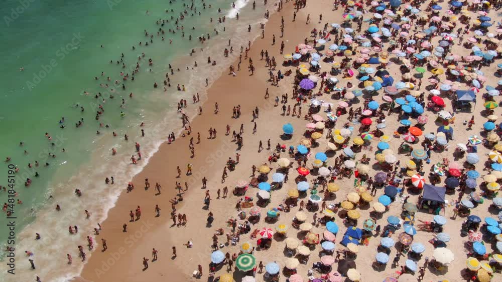 Rio de Janeiro, Brazil, aerial establishing shot showing famous Copacabana Beach during summer. Rio de Janeiro, Brazil, aerial establishing shot showing famous Copacabana Beach during summer.