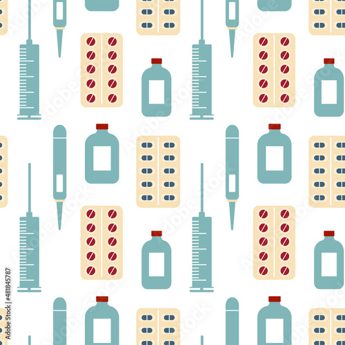 Seamless pattern with medical tools and pills.