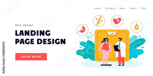 Overweight woman discovering health problems due to obesity. Flat vector illustration. Tiny fat woman weighing next to doctor identifying different diseases like diabetes. Healthcare, obesity concept
