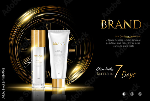 Skin care and cosmetic golden luxury templates for ads, exhibition from realistic golden bottle and white tube on a gold background with lighting flare effect. Vector illustration