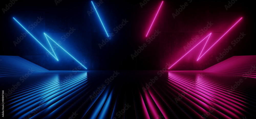 Obraz premium Sci Fi Futuristic Modern Glossy Stage Podium Dark Neon Laser Bolts Vibrant Purple Blue Glowing Stage Glossy Metal Club Showroom Cyber Hangar Warehouse Background Glowing 3D Rendering