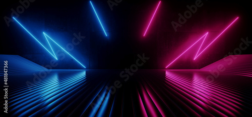 Sci Fi Futuristic Modern Glossy Stage Podium Dark Neon Laser Bolts Vibrant Purple Blue Glowing Stage Glossy Metal Club Showroom Cyber Hangar Warehouse Background Glowing 3D Rendering
