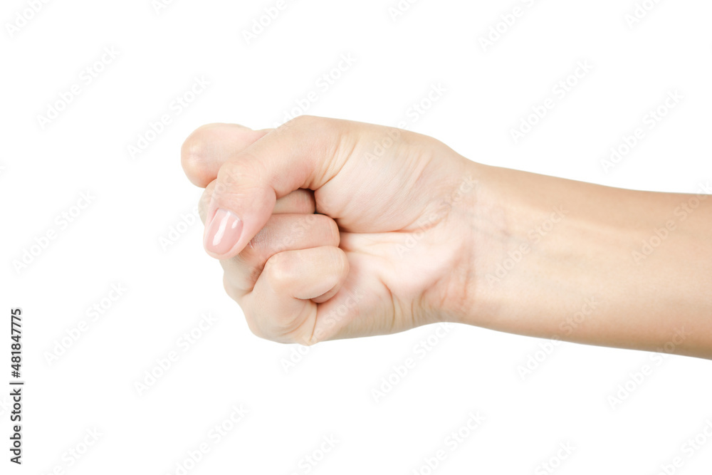 Fmale hand showing fist on white background. Concept strength of mind. Eighth photo in the set Fmale hand showing fist on white background. Concept strength of mind. Eighth photo in the set