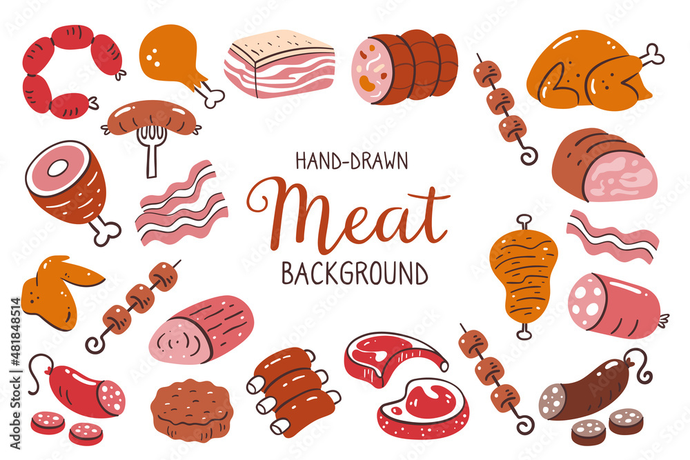 Meat background. Pieces of meat and meat products. Food ingredients for