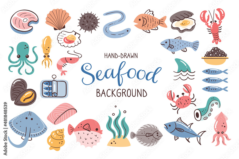 Seafood background. Fish, seaweed and shellfish. Food ingredients for