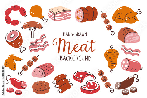 Meat background. Pieces of meat and meat products. Food ingredients for cooking illustration. Isolated colorful hand-drawn icons on white background. Vector illustration. photo