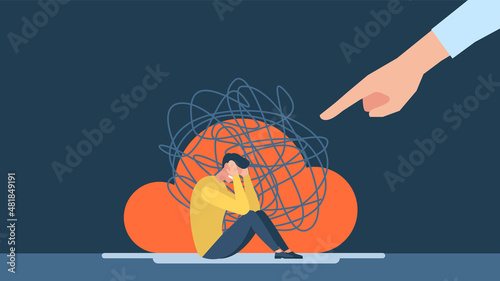 Violence, bullying, intimidation. Man with anxiety touch head. Harassment in the family, at work. A frustrated guy with nervous problem feels anxiety, confusion of thoughts. Vector flat illustration. 