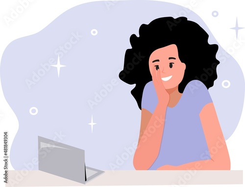 Portrait of a cheerful young girl with a digital tablet at the table. The concept of virtual communication, video communication. Flat cartoon style vector illustration