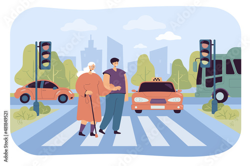 Young man and senior with walking stick crossing street together. City or town with cars on road and male character helping elderly woman on crosswalk flat vector illustration. Assistance concept