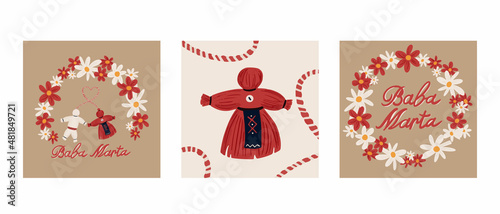Baba Marta Day. Martenitsa, white and red strains of yarn, Bulgarian folklore tradition, welcoming the spring in March, adornment symbol, isolated on grey background vector illustration photo