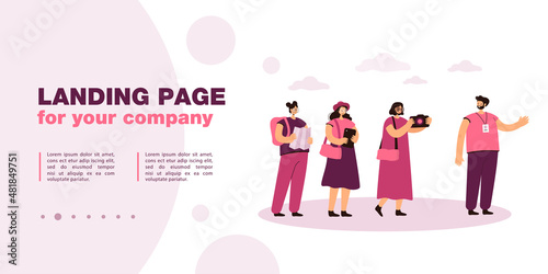 Excursion group following guide with gadgets and map. Flat vector illustration. Happy tourists travelling, visiting museums, cities, sightseeing. Vacation, travel, tourism concept for banner design