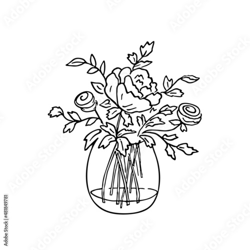 Doodle bouquet with roses and peonies,hand drawn flowers.Romantic bunch,gift to holiday.Simple floral sketch, drawing, still life.Botanical illustration.Isolated.Vector illustration