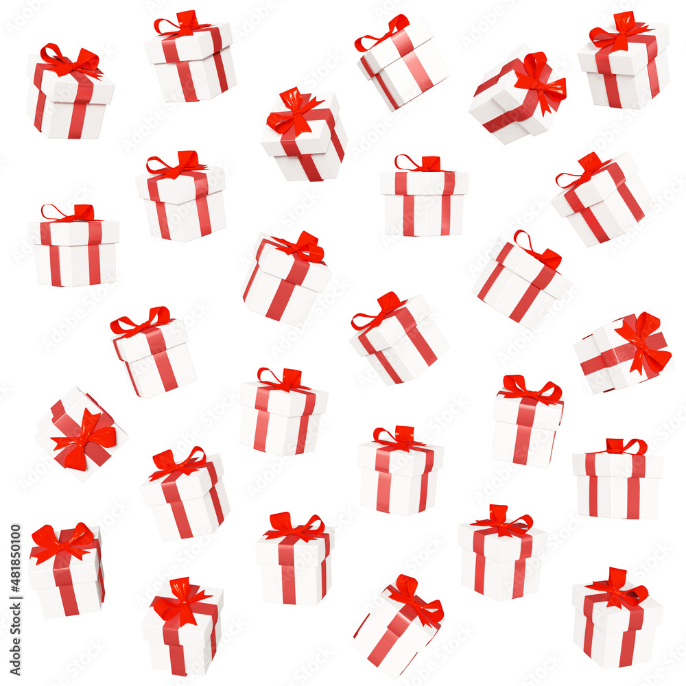 Background with festive gift boxes. The effect of falling gifts. The concept of Valentine's Day. Gift box in different angles, isolated on white background, 3D rendering Background with festive gift boxes. The effect of falling gifts. The concept of Valentine's Day. Gift box in different angles, isolated on white background, 3D rendering