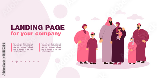 Happy cartoon muslim family. Flat vector illustration. Husband, wife, father, mother, kids wearing arab clothes and hijabs. Old and young Saudi generations. Culture, family, traditions concept