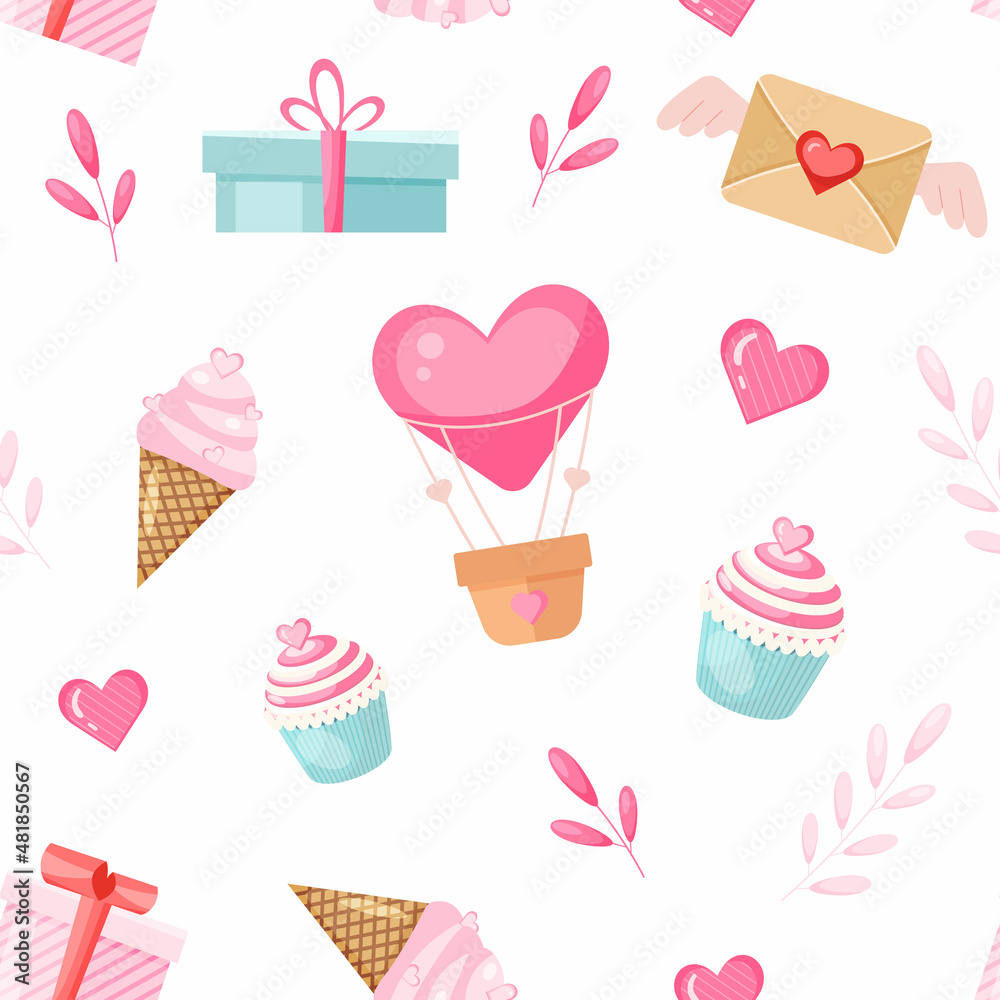Seamless vector pattern of cute elements. Hot air balloon, ice cream, cupcake, letter, gift, hearts. Colored pattern on a white background. Background for valentine's day. Seamless vector pattern of cute elements. Hot air balloon, ice cream, cupcake, letter, gift, hearts. Colored pattern on a white background. Background for valentine's day.