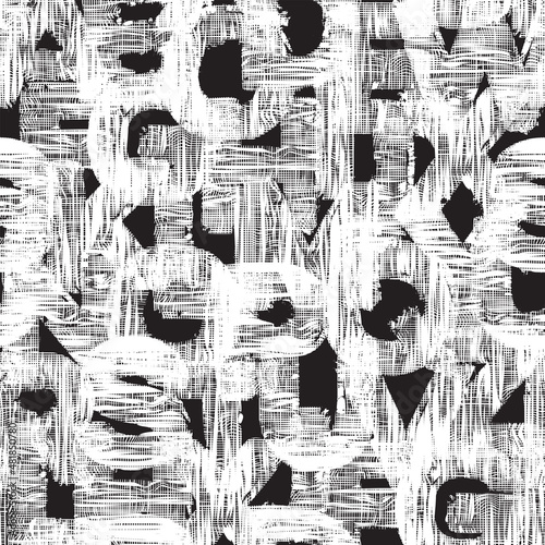 Abstract seamless pattern with overlay Latin letters with textile texture. Black and white vector background with gauze capital English letters. Suitable for wallpaper, wrapping paper or fabric design