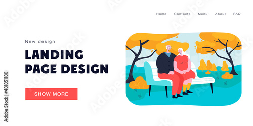 Happy elderly couple sitting on bench in park. Old cartoon characters spending time outside flat vector illustration. Love  relationship  family concept for banner  website design or landing web page