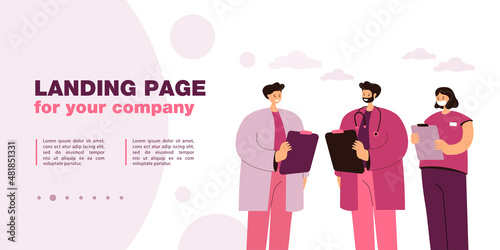 Group of cartoon doctors and nurses in uniform. Flat vector illustration. Hospital professional team of clinic specialists, supporting people. Medicine, emergency, healthcare, profession, help concept