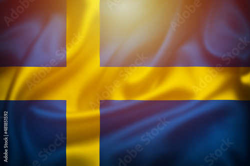 Photography Sweden flag silk surface illustration with sun haze view